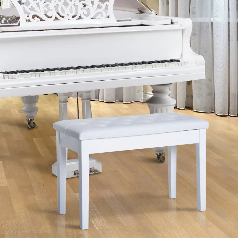 Traditional Country Birchwood Faux Leather Padded 2-Person Piano Bench, White