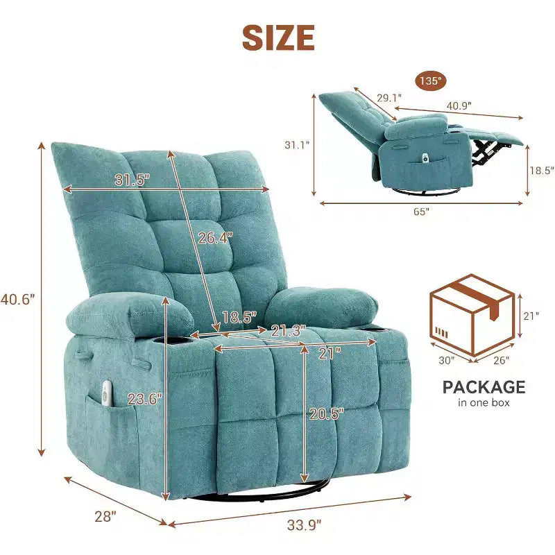 Swivel Rocker Recliner Chair with Heat Massage,Oversized Swivel Single Sofa with Cup Holders,Side Pocket,Ergonomic Lounge Recliner,Home Theater