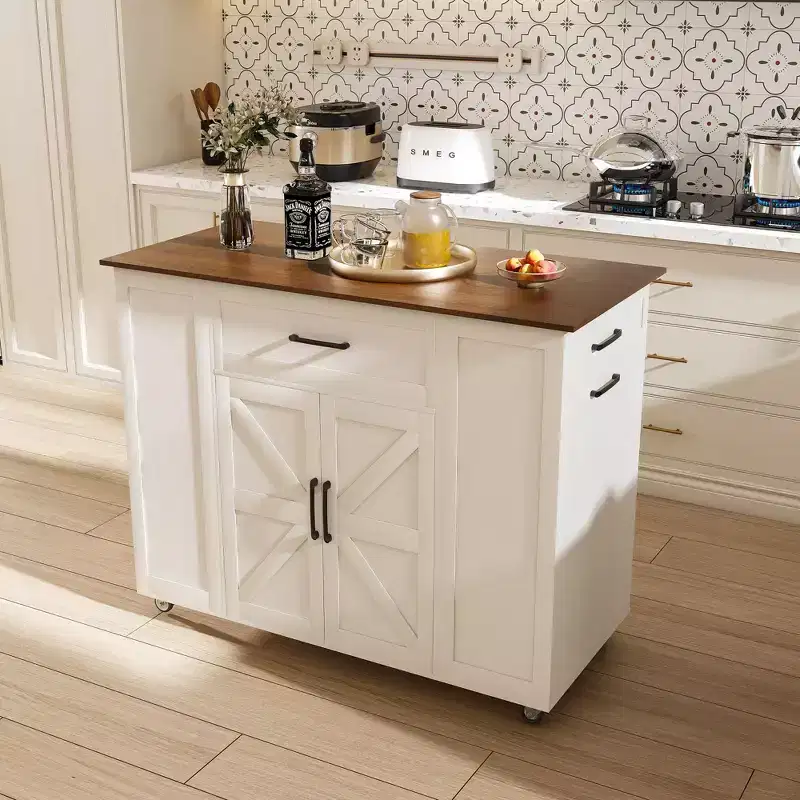 Okak Movable Rustic Kitchen Island Cart with Wheels & Power Outlet,Wood Top Bar Table Storage Cabinet for Kitchen,Dining Room