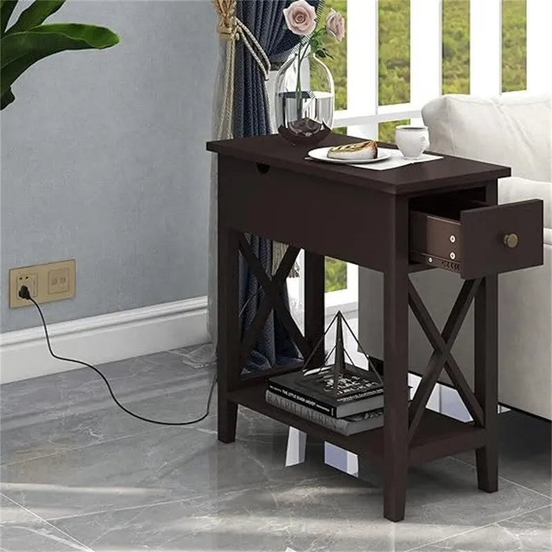 Narrow End Table with Flip Top Drawer and Charging Station