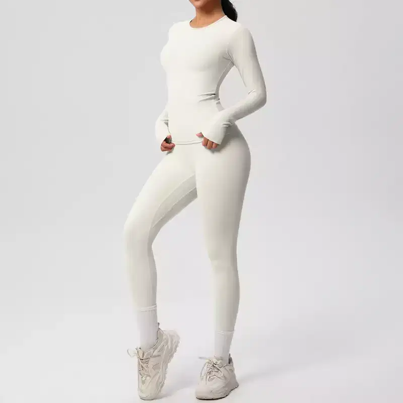 Anna-Kaci Active Women's Long Sleeve Crew Neck Top and High Waist Leggings Set with Slim Fit Design