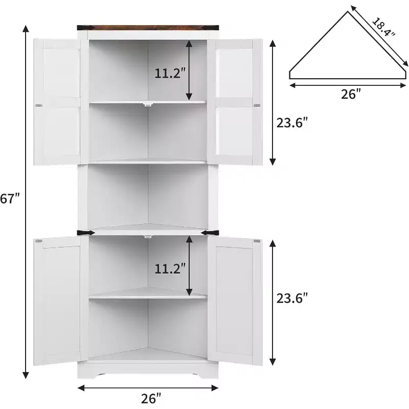 Corner Storage Cabinet, Farmhouse Corner Hutch Display Cabinet with Glass Doors, Wooden Storage Organizer for Living Room, Bathroom