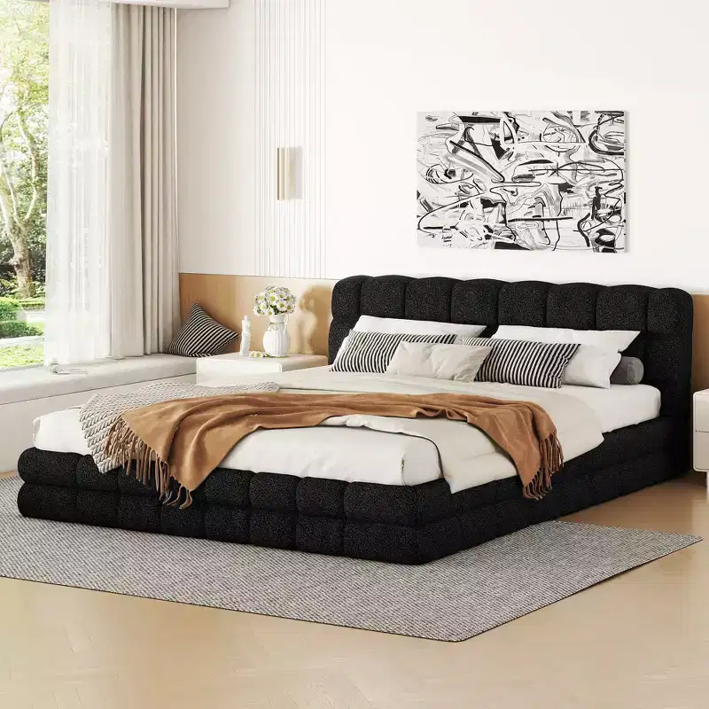 Queen Size Upholstered Platform Bed Frame, Berber Fleece Upholstered Grounded Bed with Tufted Headboard