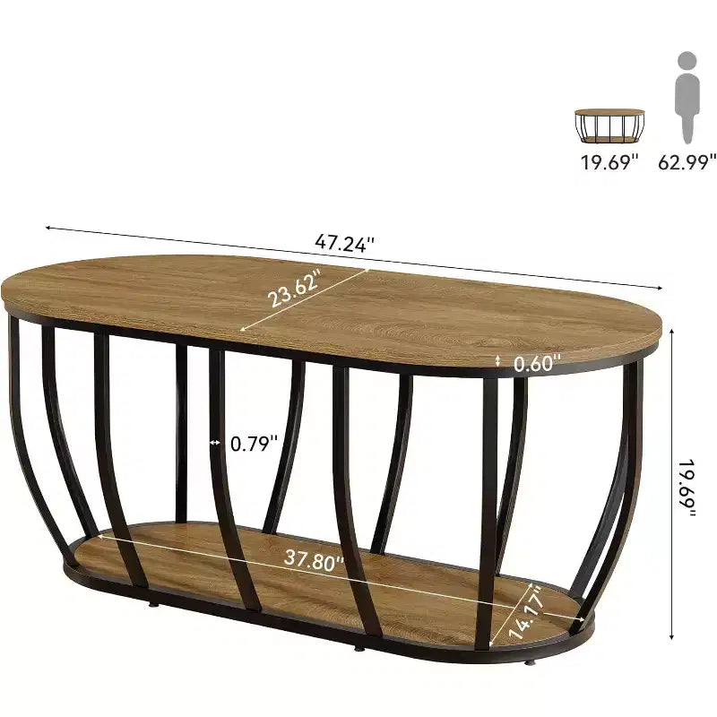 Lantine 47.2-Inch Oval Coffee Table with 2-Tier Storage, Industrial Wooden Cocktail Table for Living Room, Home Office, Rustic Brown
