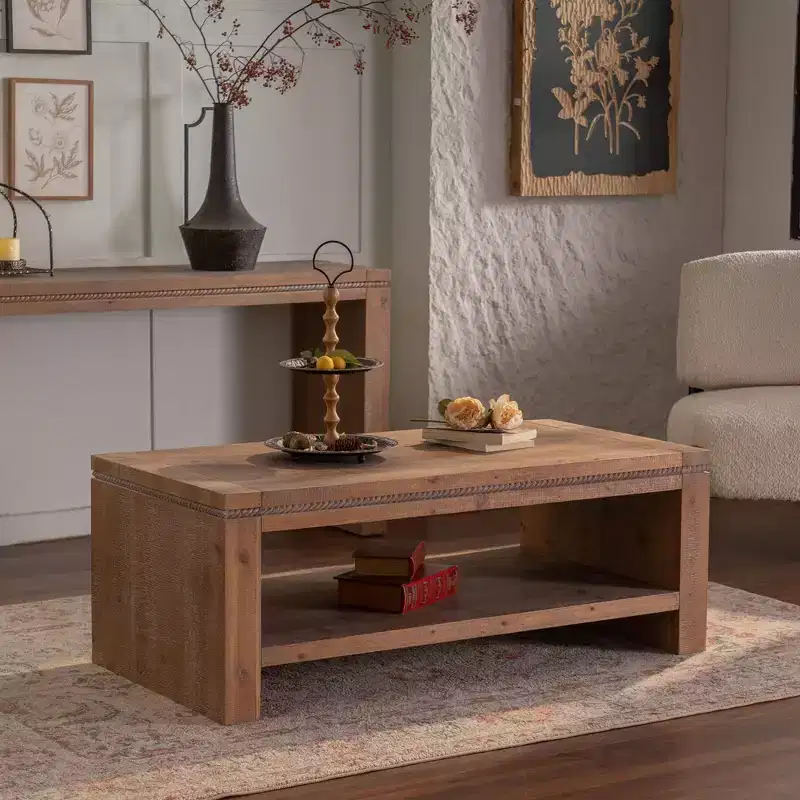 CLIHOME Rectangle Coffee Table with Solid Wood, Large 2-Tier Rustic Coffee Table with Storage Shelf, Office and Apartment