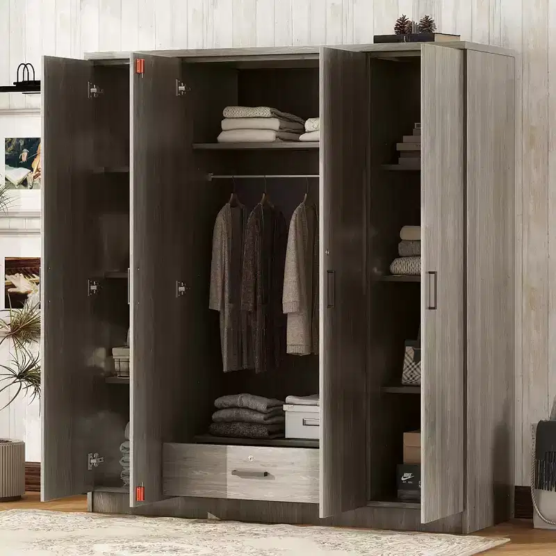 Wood 4-Door Wardrobe Armoire with Hanging Rod, 1-Drawer and Storage Shelves
