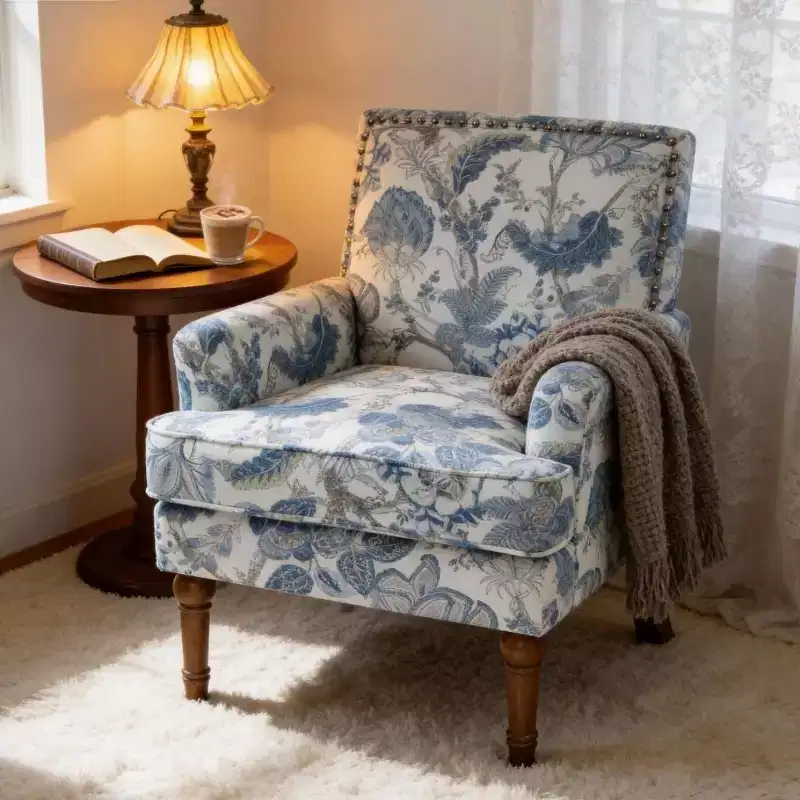 Farmhouse Upholstered Floral Accent Armchair with Nailhead Trim & Solid Wood Legs