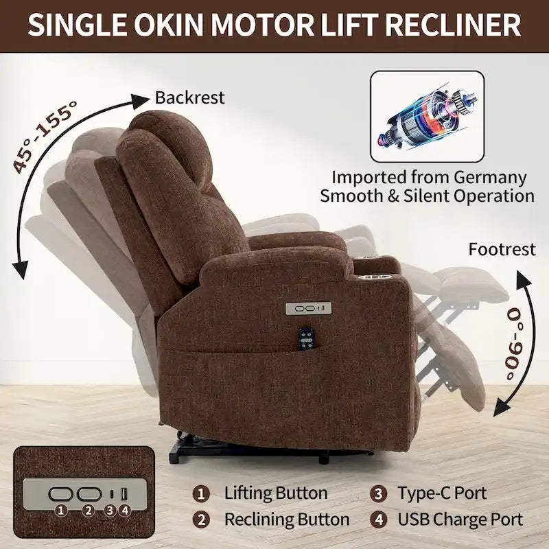 Power Lift Recliner | 8-Point Massage | Lumbar Heat | Dual USB | Steel Cup Holders | Blue