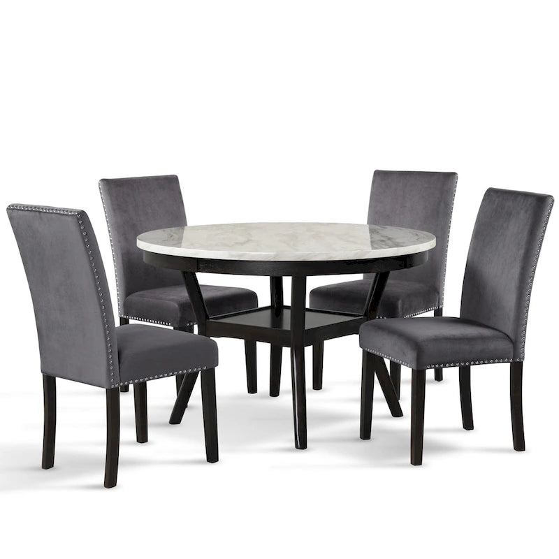 Round Dining Table with Faux Marble Top and Lower Shelf