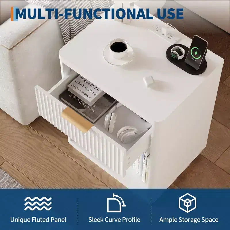 Fluted Nightstand with Charging Station and Drawers