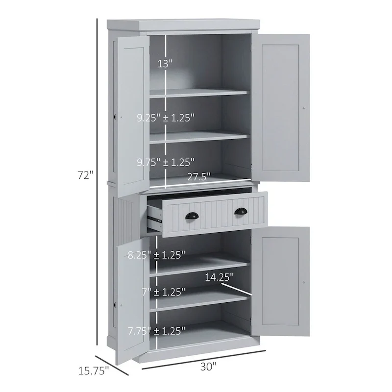 72 Kitchen Pantry Storage Cabinet, Traditional Freestanding Cabinet with 4 Doors and 3 Adjustable Shelves, Large Central Drawer