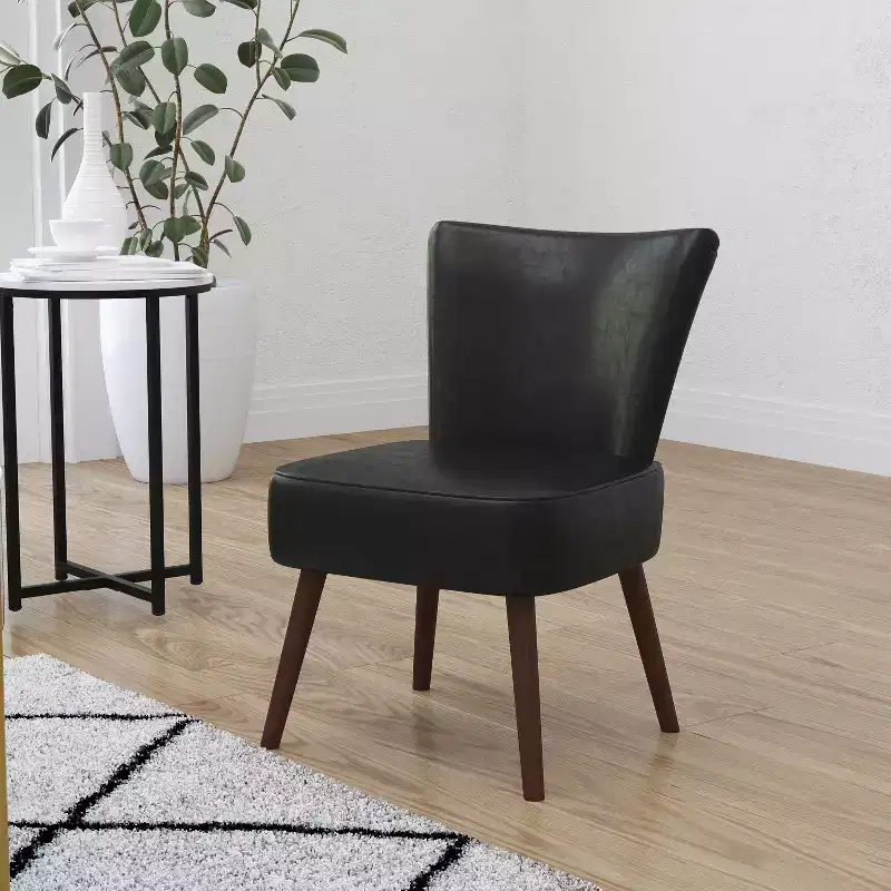 Merrick Lane Santino Black Faux Leather Mid-Back Retro Accent Side Chair with Flared Wooden Legs