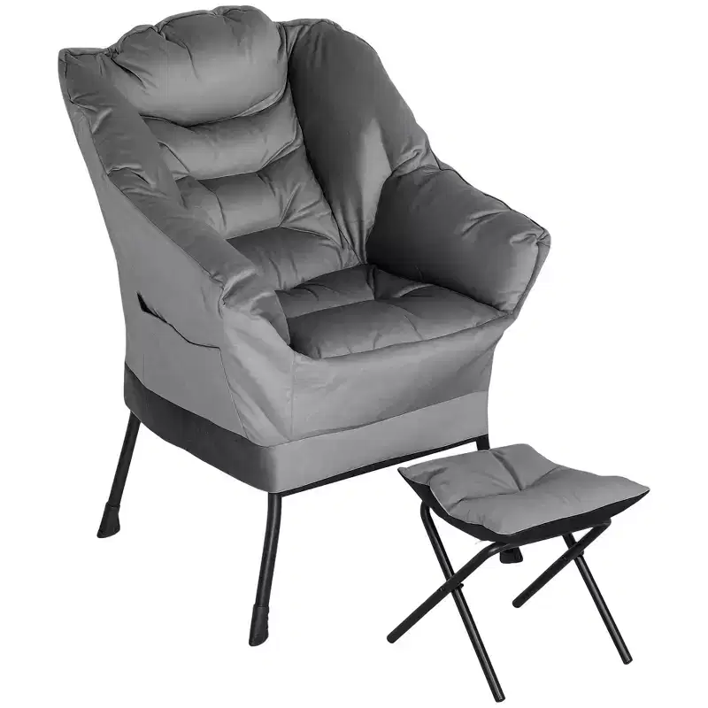 HOMCOM Lazy Chair with Ottoman Set, Fabric Upholstered Lounge Accent Chair with Armrests, Side Pockets