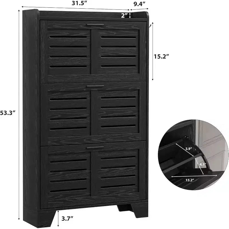 Shoe Cabinet Storage for Entryway, Slim Shoe Storage Cabinet with 3 Flip Drawers, Freestanding Hidden Narrow Shoe Organizer Cabinet with Hooks