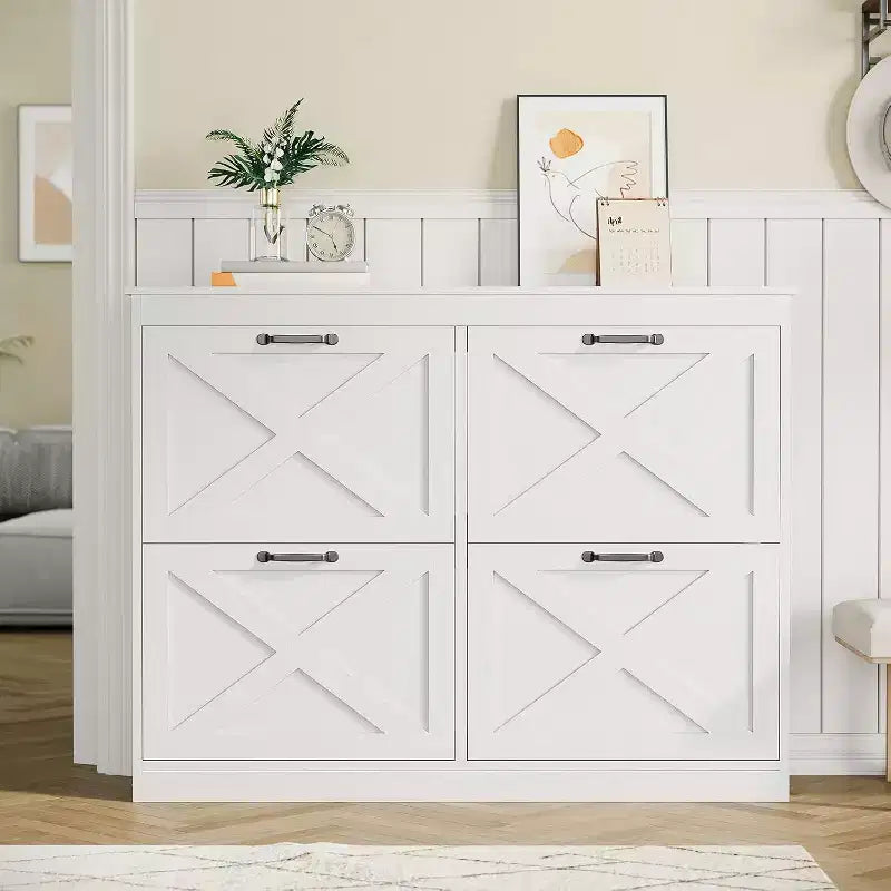 Farmhouse Shoe Cabinet with 4 Flip Drawers, 41 Wide Entryway Shoe Storage Cabinet, Narrow Freestanding Wooden Organizer Rack, White