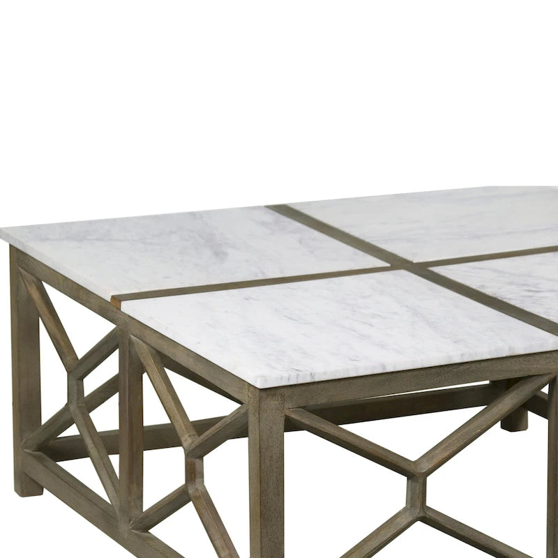 Coffee Table, 40 Inch Square White Marble Top, Sandblasted Ash Gray Mango Wood Geometric Frame