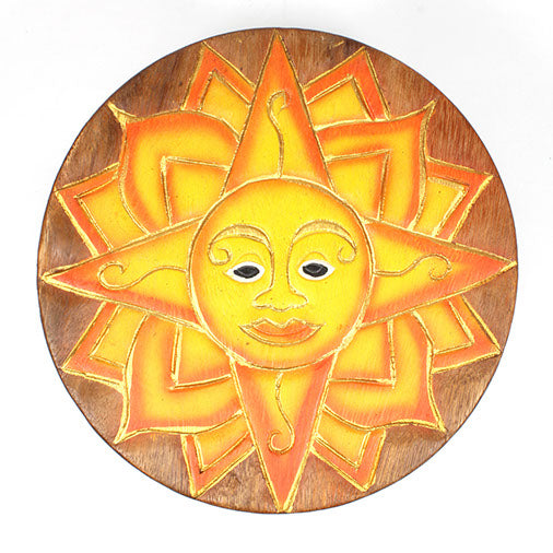 Sun Face Carved Raintree Wood Stool