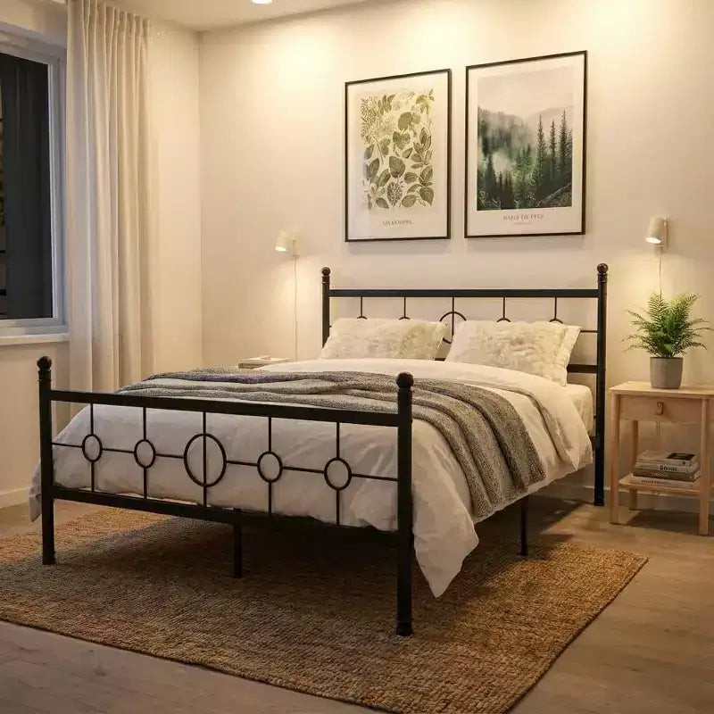 Vintage Circular Metal Bed Frame, Heavy Duty Iron Platform, Noise-Free, Easy Assembly, No Box Spring Needed,Twin/ Full/ Queen/ King Size
