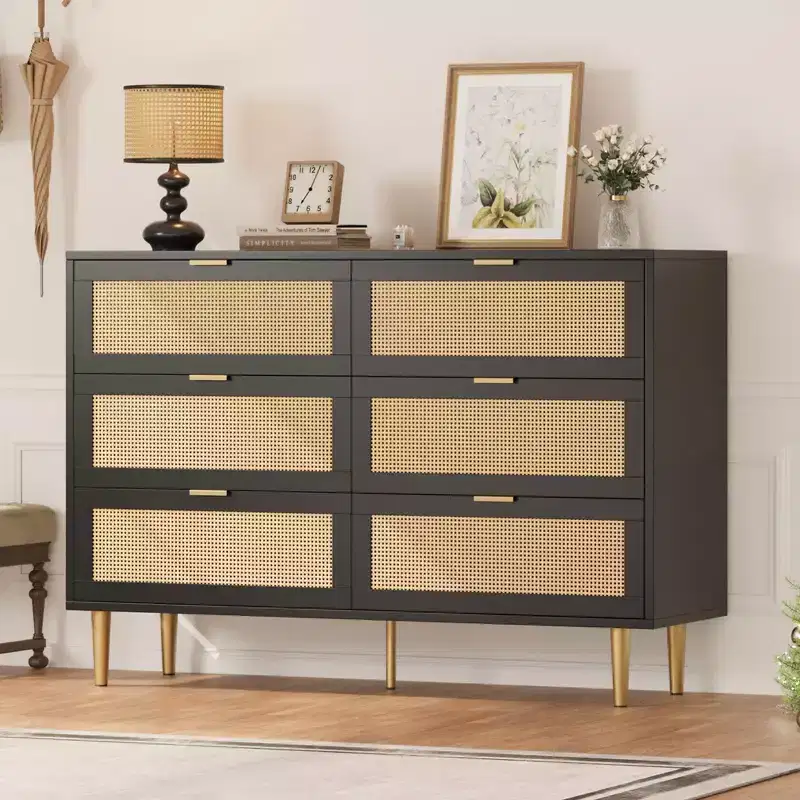 Rattan 6 Drawer Dresser, Modern Chest of Drawers with Legs & Handles, Wide Double Dresser with Anti-Tipping Design for Bedroom, Living Room