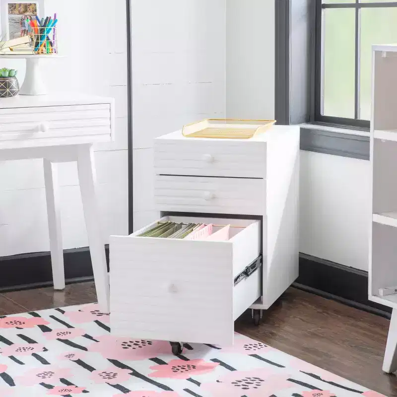Wedeln 3 Drawer Rolling File Cabinet White Finish Wood - Powell: Mid-Century Modern, Veneer, Metal Hardware