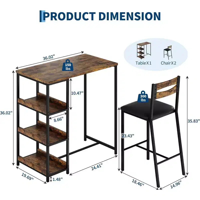36 Counter Height Dining Table Set for 2 with Upholstered Bar Chairs and Storage Shelves, Space-Saving Kitchen Table for Small Space, Apartment
