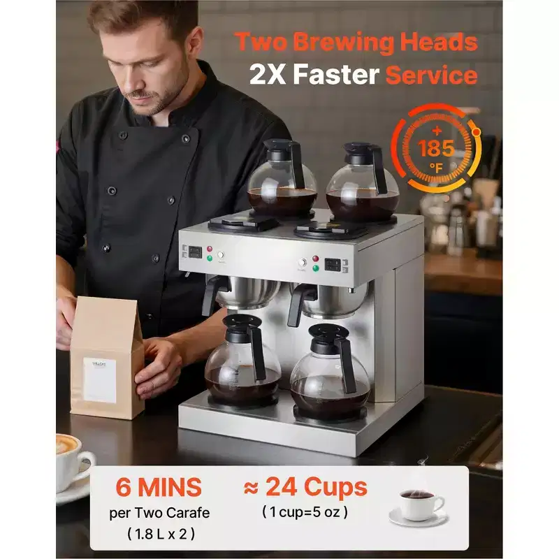 Commercial 24-Cup Dual Brew Head Coffee Maker with 4 Glass Carafes 4 Warming Plates Stainless Steel