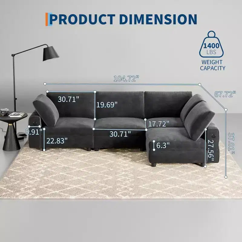 Sectional Couch, 105'' L Shaped 4 Seater Velvet Sofa with Charging Ports - Comfy Deep Seat Mid Century Modern for Living Room Apartment