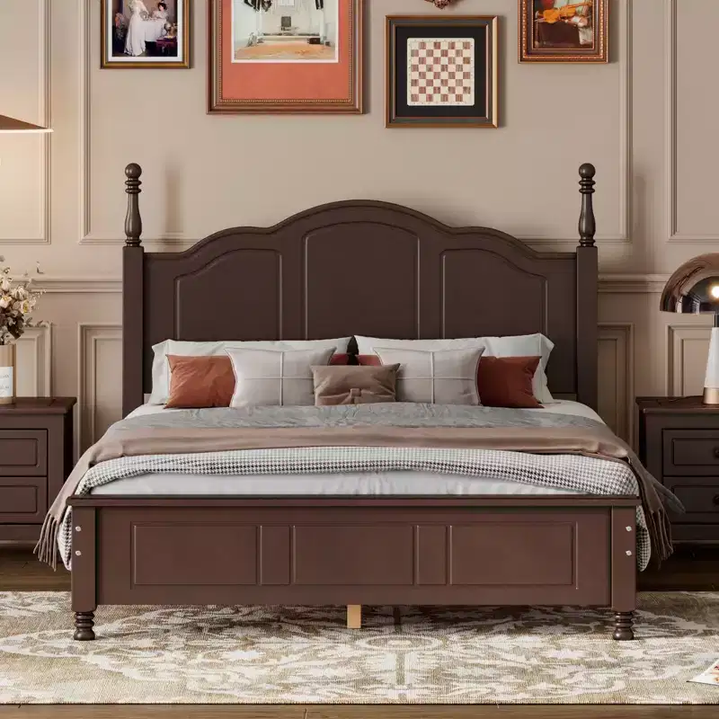 Retro Platform Bed Frame Wood Platform Bed with Headboard for Bedroom