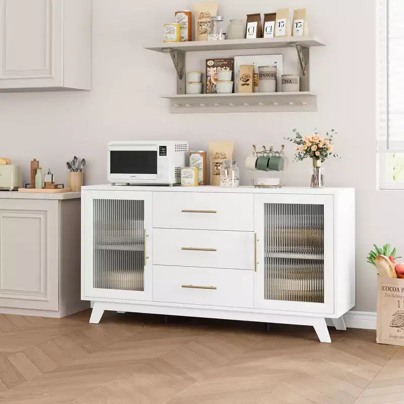Buffet Cabinet, Kitchen Storage Cabinet with 2 Fluted Doors and 3 Drawers,Modern Coffee Bar Cabinet with Adjustable Shelf for Living,Dining Room