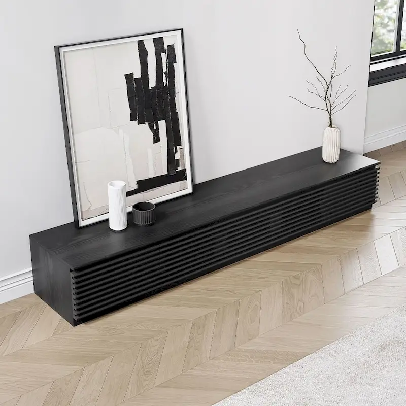 Minimalist TV Stand with DrawersSolid Wood Media Console with Cabinets, Flip-down Door, Walnut Veneer, Fully-Assembled