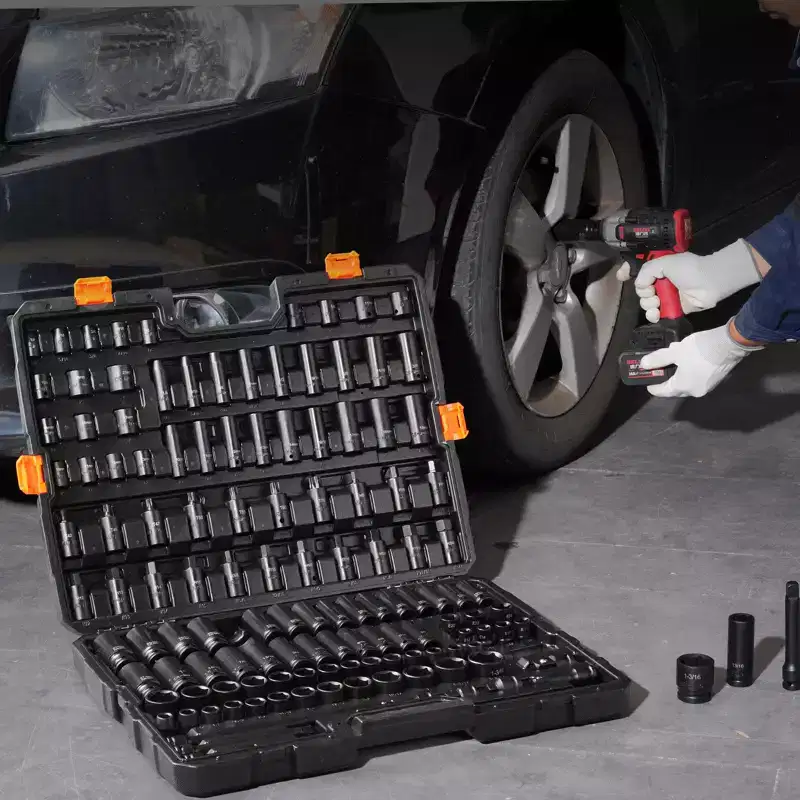 VEVOR Impact Socket Set 130 Piece 3/8 & 1/2 - SAE & Metric Drive Socket Set - 6 Point Cr-Mo Alloy Steel for Auto Repair - Easy-to-Read Size,BLACK
