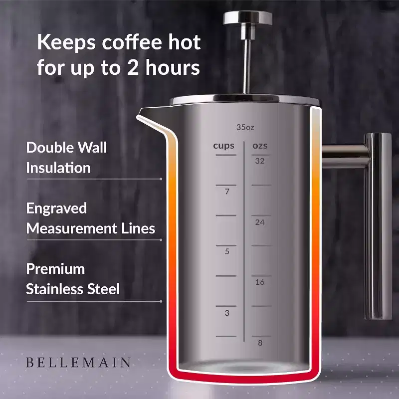 Bellemain 35oz French Press Coffee Maker  Stainless Steel with Extra Filters for Smooth, Rich Brews