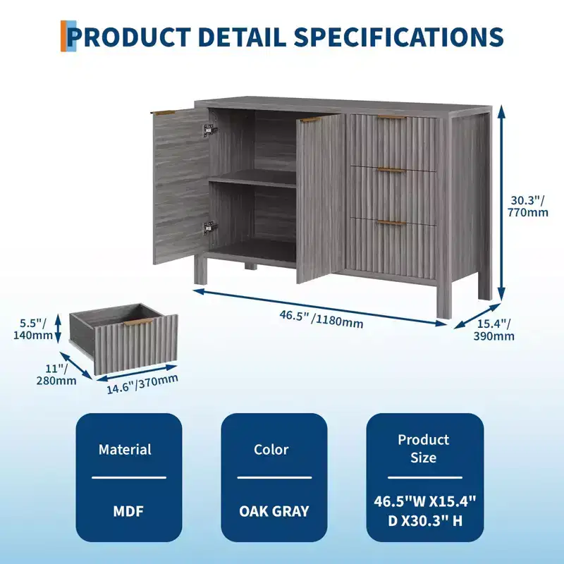 47 Inch Fluted Sideboard Buffet Cabinet, Coffee Bar Cupboard Wooden Credenza with 3 Drawers for Kitchen, Living Room, or Entryway