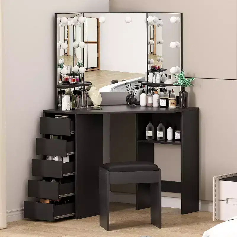 Black Corner Makeup Vanity Desk with Lighted Mirror, 5 Drawers & Stool, 1-Person
