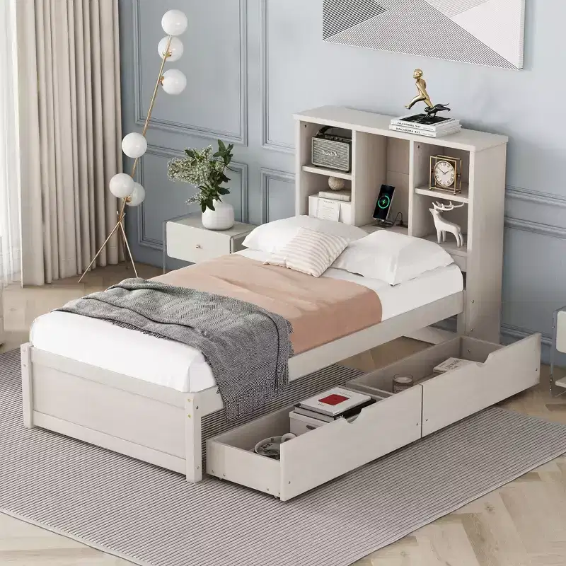 JVNOXK 87-inch modern double bed frame with bookshelf-style double-tier headboard, built-in USB ports, and two drawers. White washed