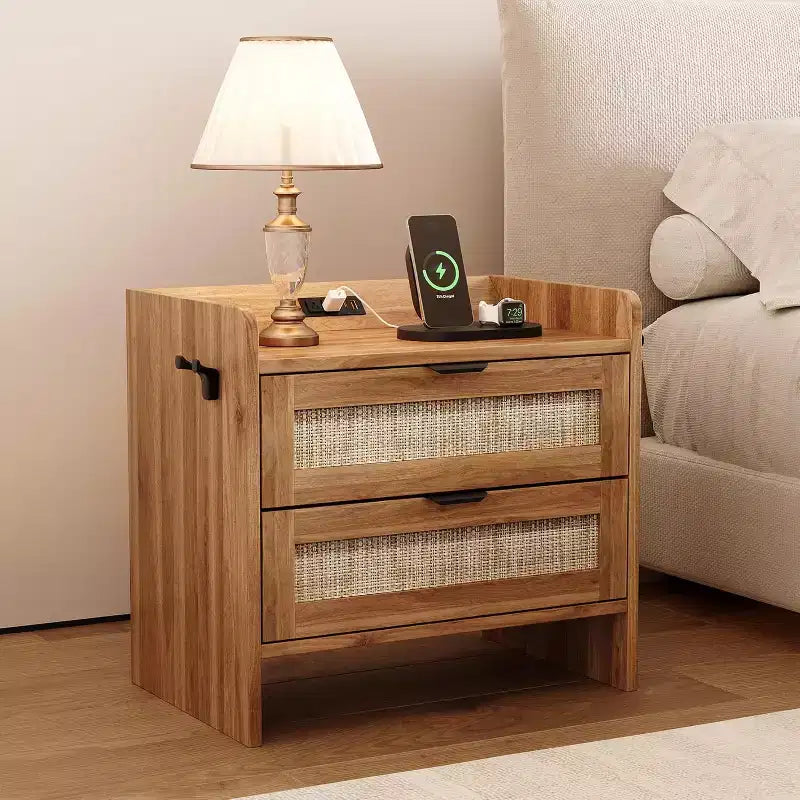 Acekool Rattan Nightstand, Farmhouse Bedside Table with Drawers and Storage Shelf, Wood End Table