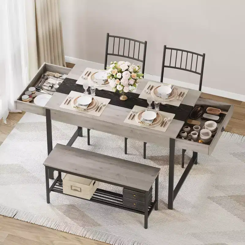 Space-Saving Dining Table Set for 4, Rectangular Farmhouse Kitchen Table with Drawers & Rack, Bench and 2 Chairs, for Small Apartments, Dining Areas
