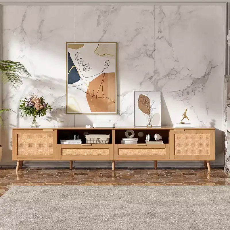 Rattan TV Stand for TVs up to 90, Boho Farmhouse Media Console Table with Storage Cabinets, Entertainment Center for Living Room