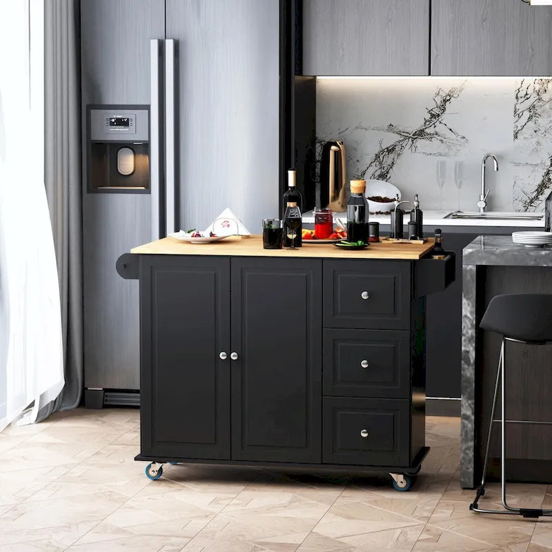 Black Rolling Kitchen Island with Drop Leaf Rubberwood Top 3 Drawers and 2-Door Cabinet
