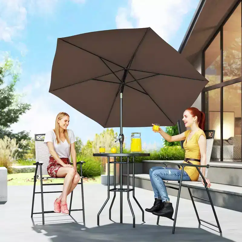 4 Piece Outdoor Bar Set with Umbrella, Patio Dining Set with 2 Folding Chairs, Wave Textured Tempered Glass Table for Backyard, Garden, Deck, Poolside