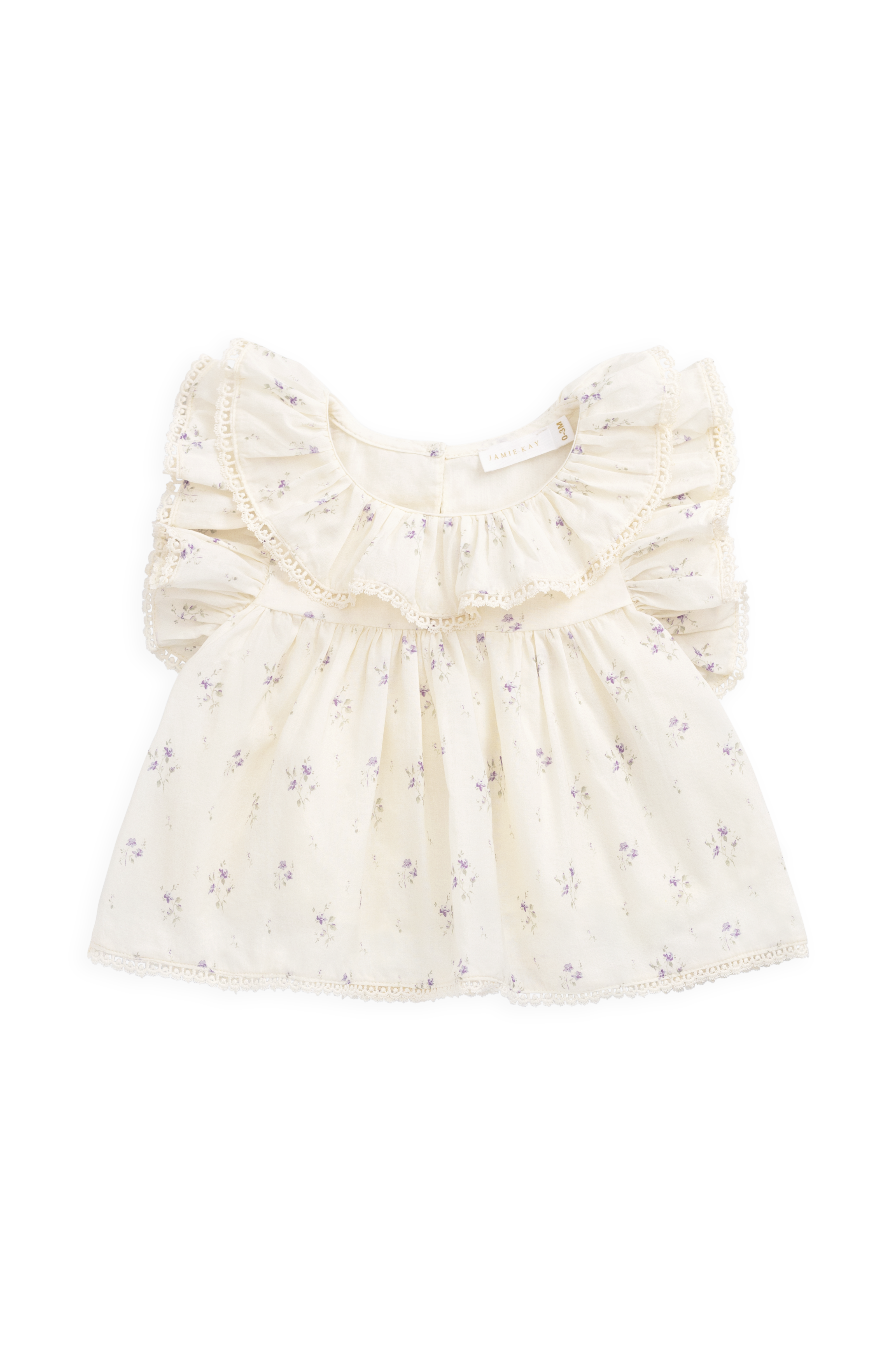 French Cream Jade & Lavender Floral Print Organic Cotton Blouse with Ruffle Collar & Flutter Sleeves for Girls Spring-Summer Outings (0�C10Y)