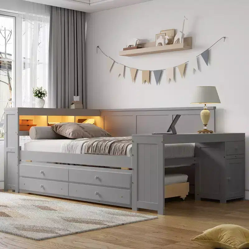 Full Size Daybed with Trundle, Desk, Storage Shelves & LED Lights