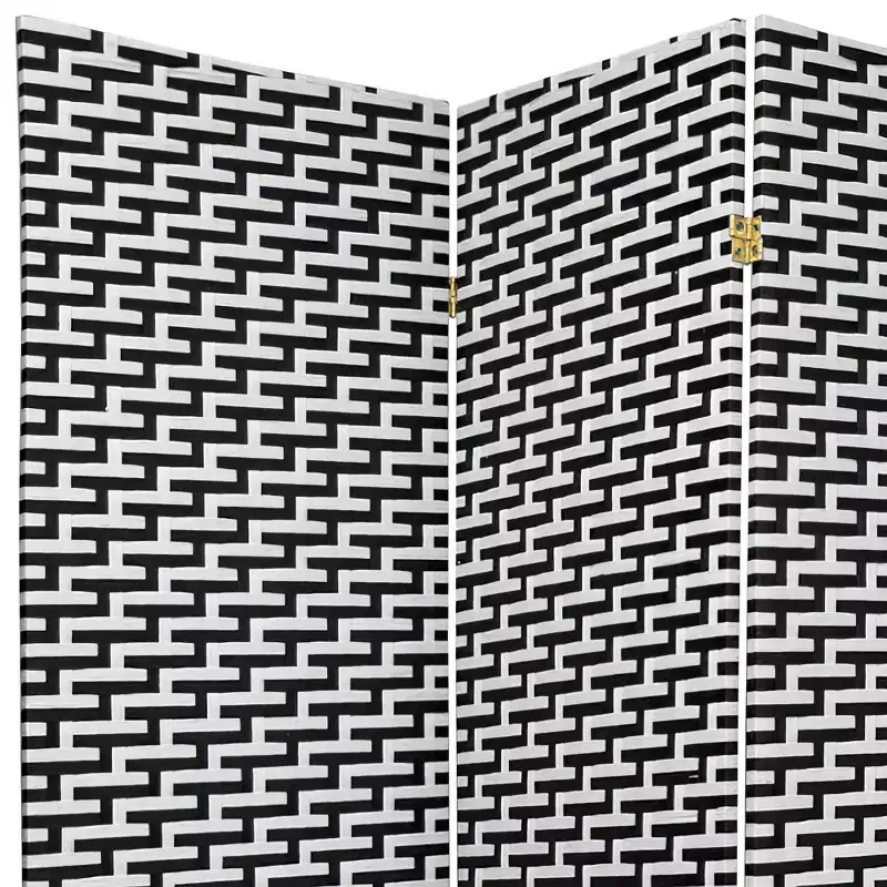 Oriental Furniture 6' Tall Woven Fiber 4 Panel Room Divider Black/White: Hardwood Frame, No Assembly Required