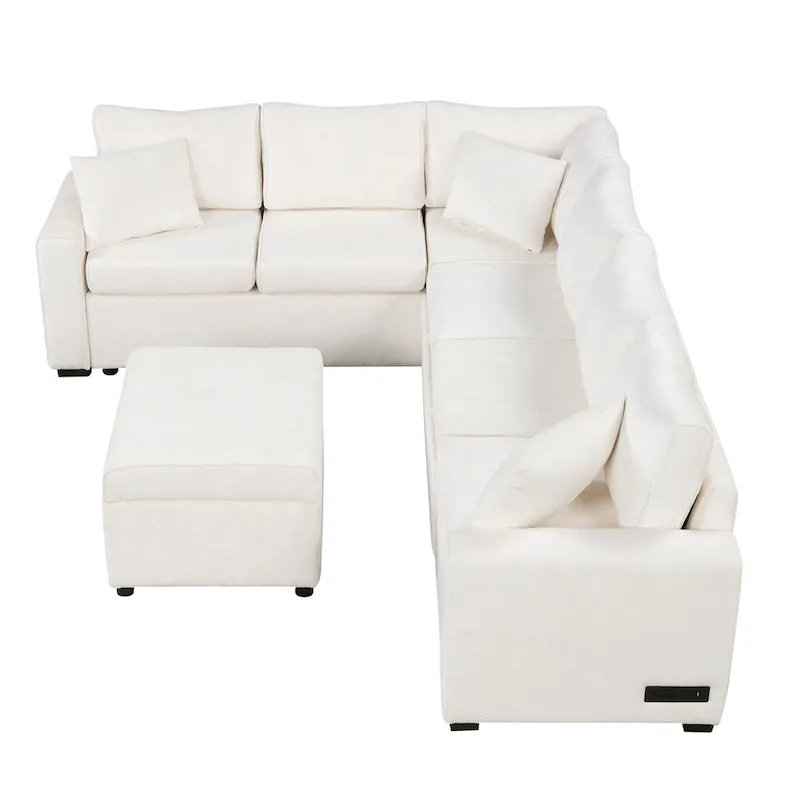Chenille Sectional Sofa Pull-out Sofa Bed, L-Shape Sleeper Sofa with Storage Ottoman, 3 Pillows and Charging Devices