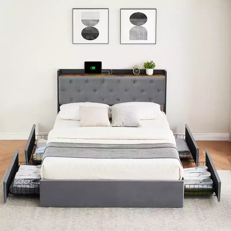 Queen Platform Bed Frame with 4 Storage Drawers and Headboard Shelf, Grey Velvet