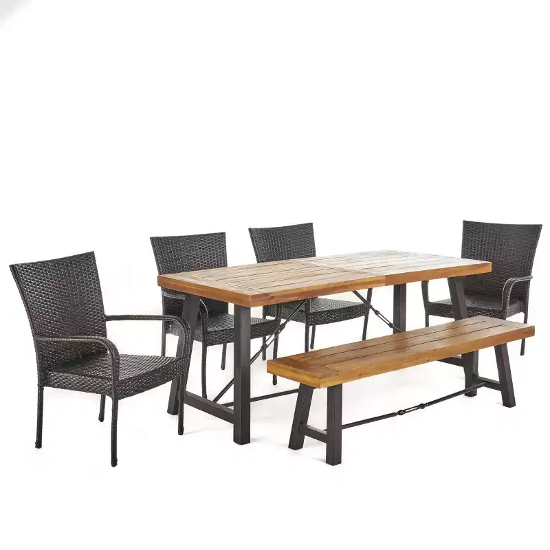 Salons 6pc Acacia & Wicker Dining Set - Teak/Brown - Christopher Knight Home: Weather-Resistant, Stackable Chairs, Galvanized Steel Hardware