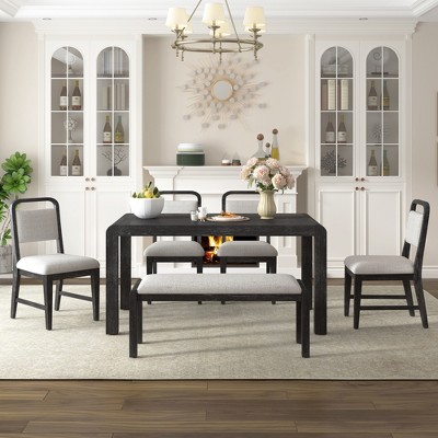 6-Piece Extendable Dining Set with 4 Upholstered Chairs & Bench, 60-72 Mid-Century Modern Kitchen Table with Curved Legs - ModernLuxe