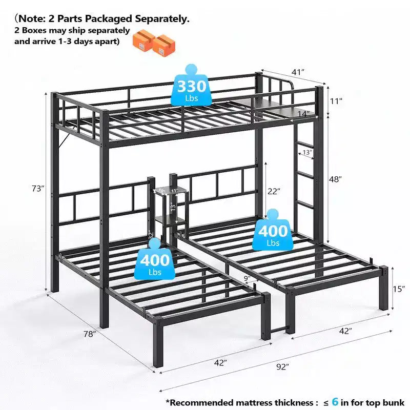 Karl Home Metal Triple Bunk Bed Twin Over Twin Over Twin,3 Bunk Beds with Shelves for Kids,Teens and Adults,Heavy Duty,Black