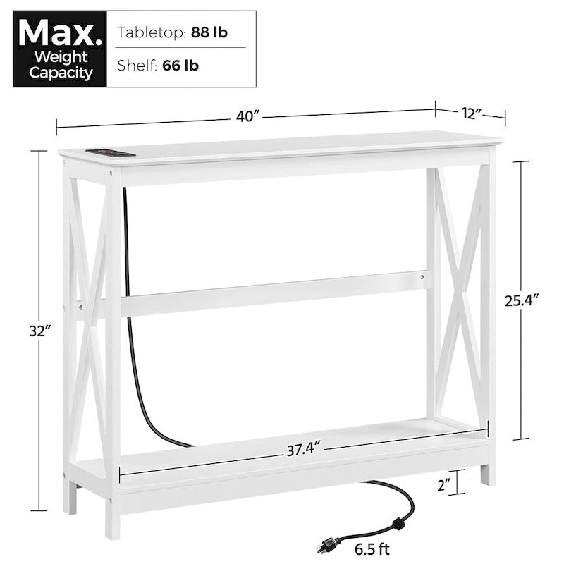 2-Tier Narrow Sofa Console Table with Built-In Power Outlet