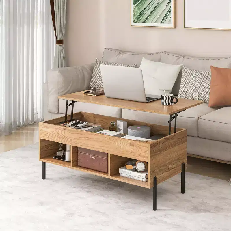 Costway Lift Top Coffee Table with Storage Compartment & 3 Open Cubbies for Living Room